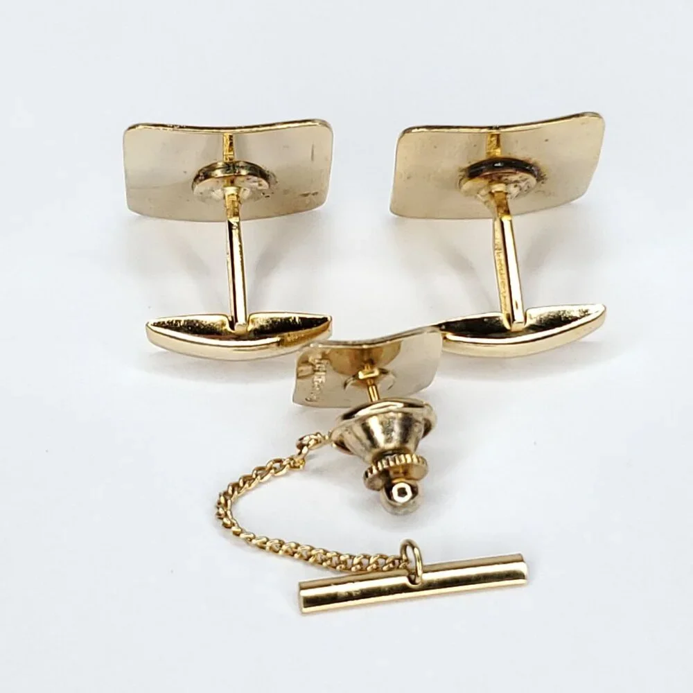 Vintage Sarah Coventry Cufflinks Tie Tack Set Gold Tone Textured Squares Simple